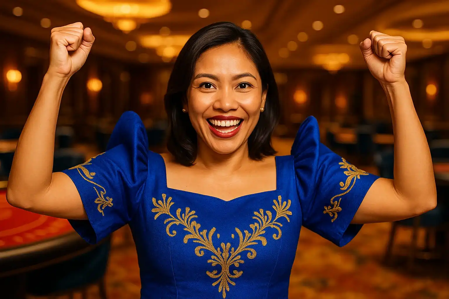 Confident Filipino woman in blue and gold Filipiniana raising arms in victory
