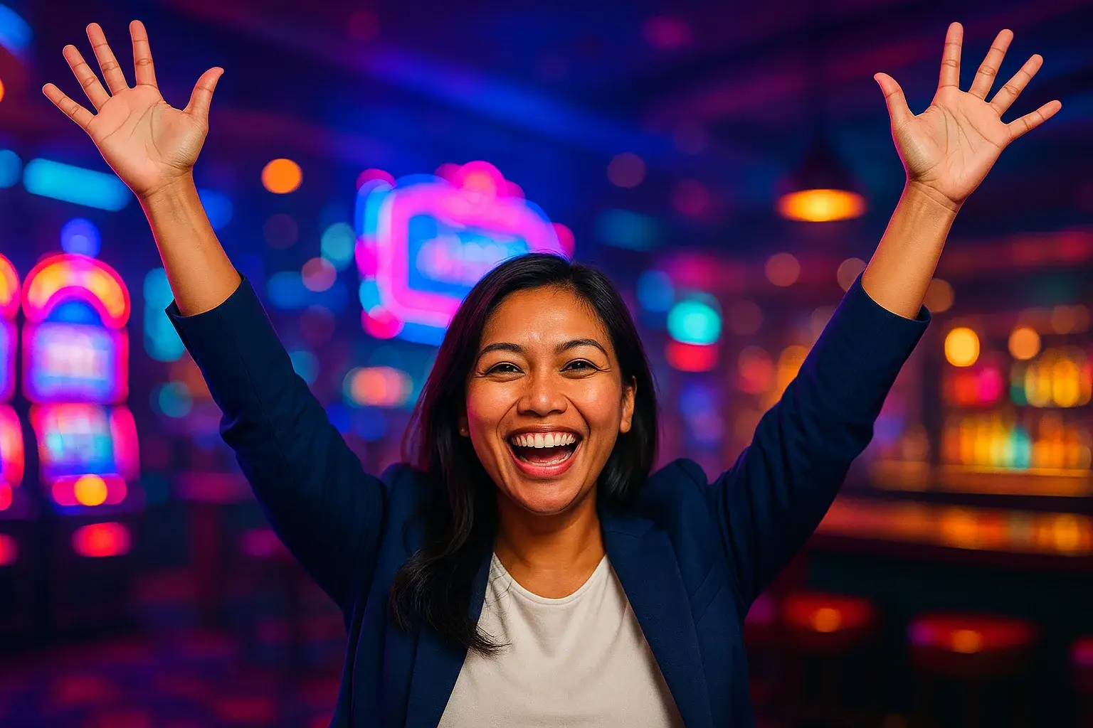 Joyful Filipino woman celebrating victory in casino bar with neon bokeh