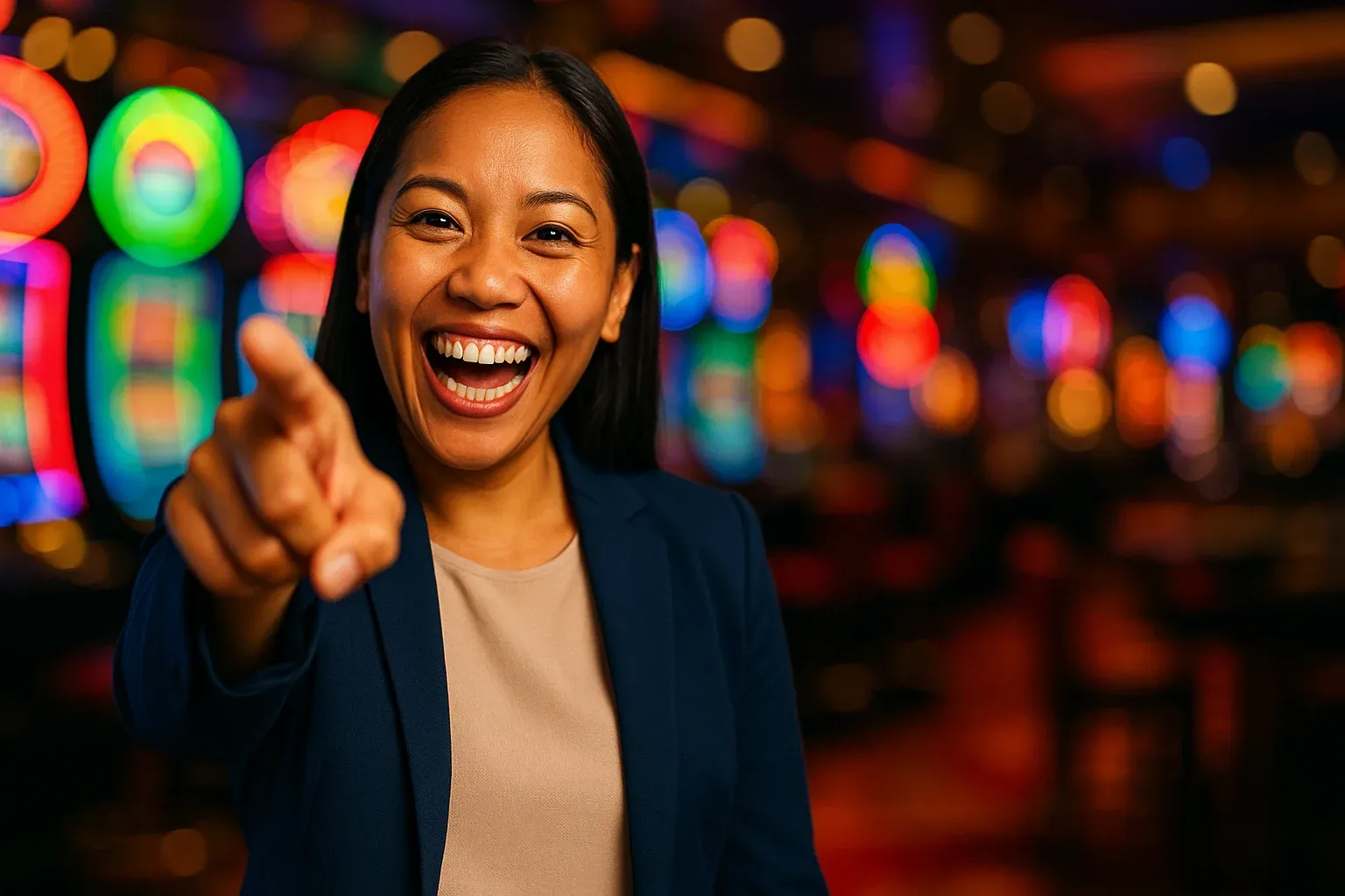 Joyful Filipino woman pointing at camera in casino bar with neon bokeh
