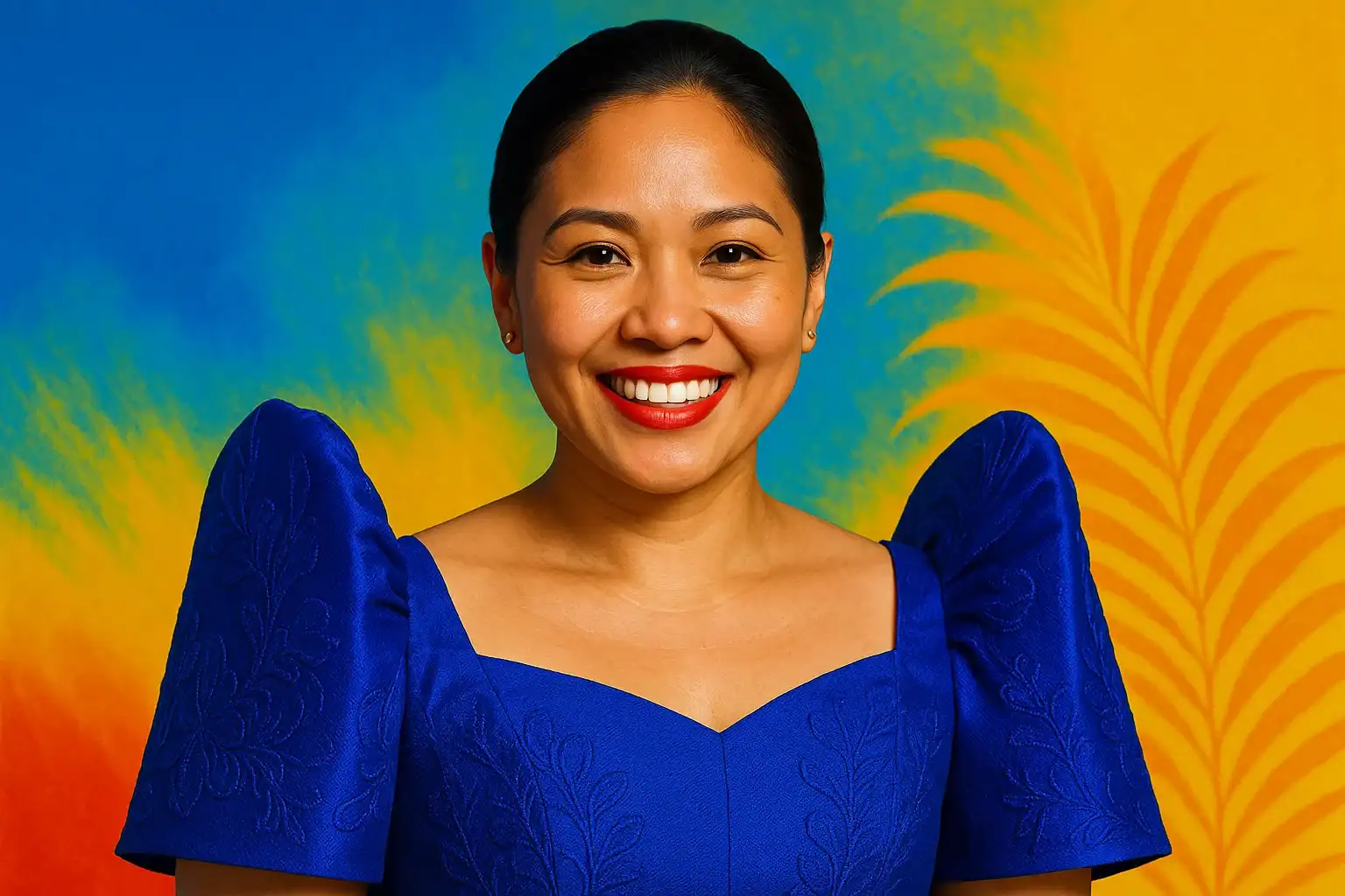 Happy Filipino woman in contemporary Filipiniana outfit on colorful tropical gradient background