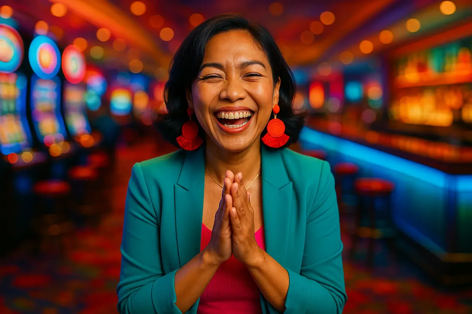 Joyful Filipino woman celebrating with clasped hands at blurred casino bar