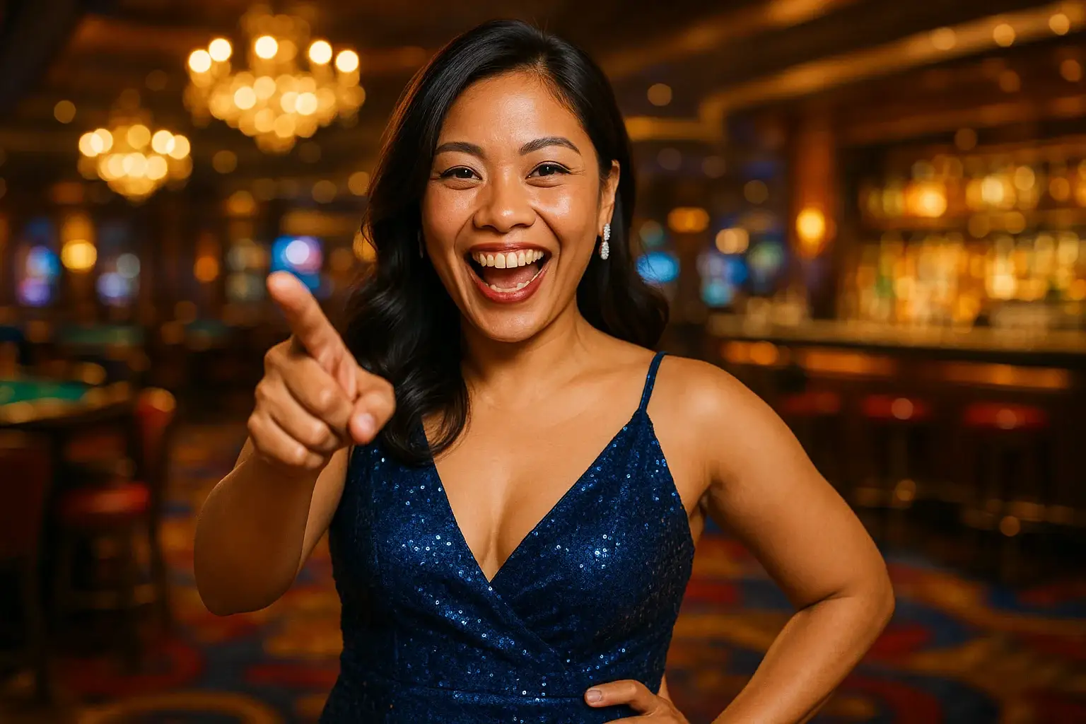 Happy Filipino woman in evening dress pointing forward at casino bar