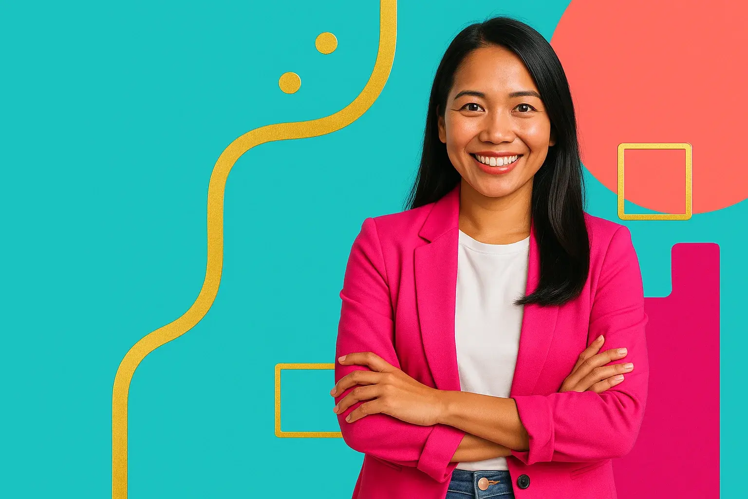 High-resolution portrait of joyful Filipino woman in smart casual with gold accents