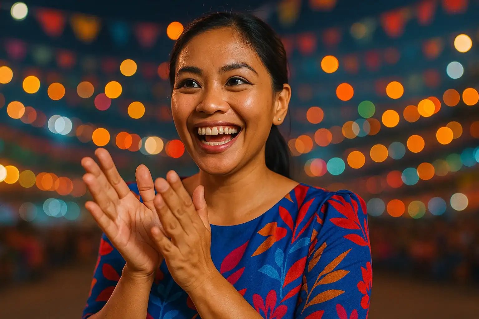 Joyful Filipino woman clapping hands in festive arena with blurred lights