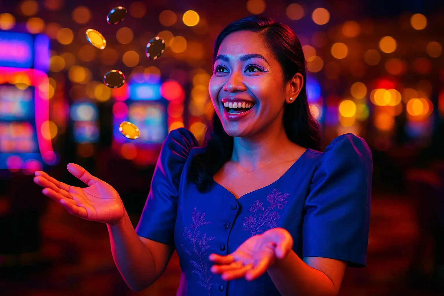 Happy Filipino woman catching imaginary coins in blurred casino bokeh lights