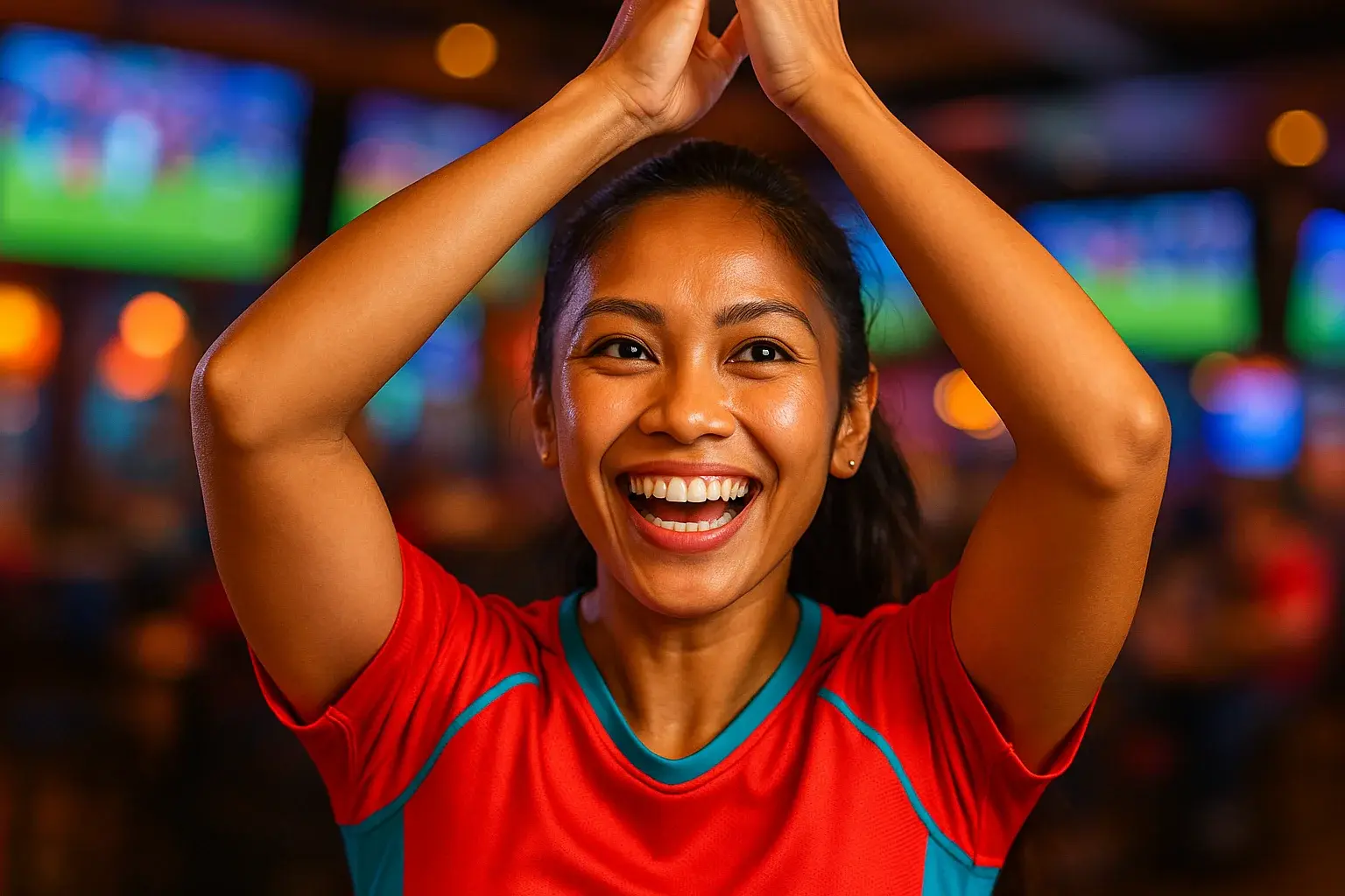 Joyful Filipino woman in sportswear clapping overhead in sports lounge